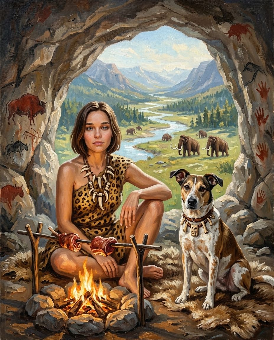 Cave Family – Kadın ve Evcil Dostlar kişiye özel portre tasarım örneği