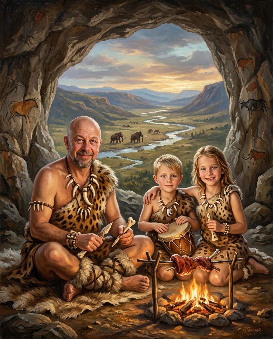 Cave Family – Baba ve Çocuklar kişiye özel portre tasarım örneği