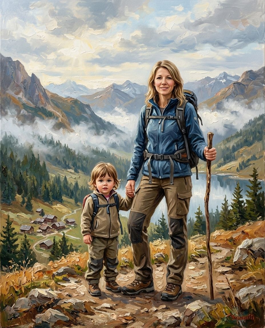 Mountain Explorer – Anne ve Çocuklar kişiye özel portre tasarım örneği