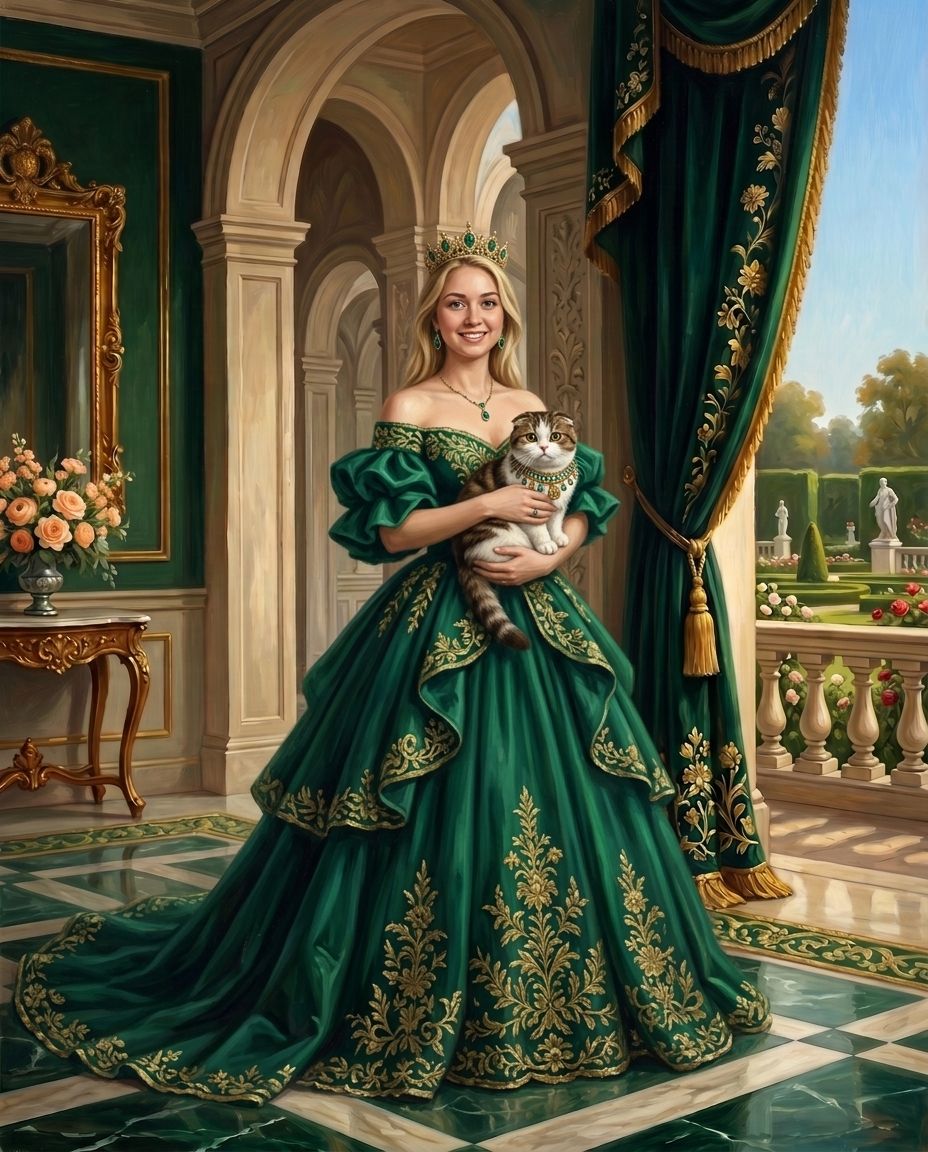 Emerald Imperials – Kadın ve Evcil Dostlar kişiye özel portre tasarım örneği
