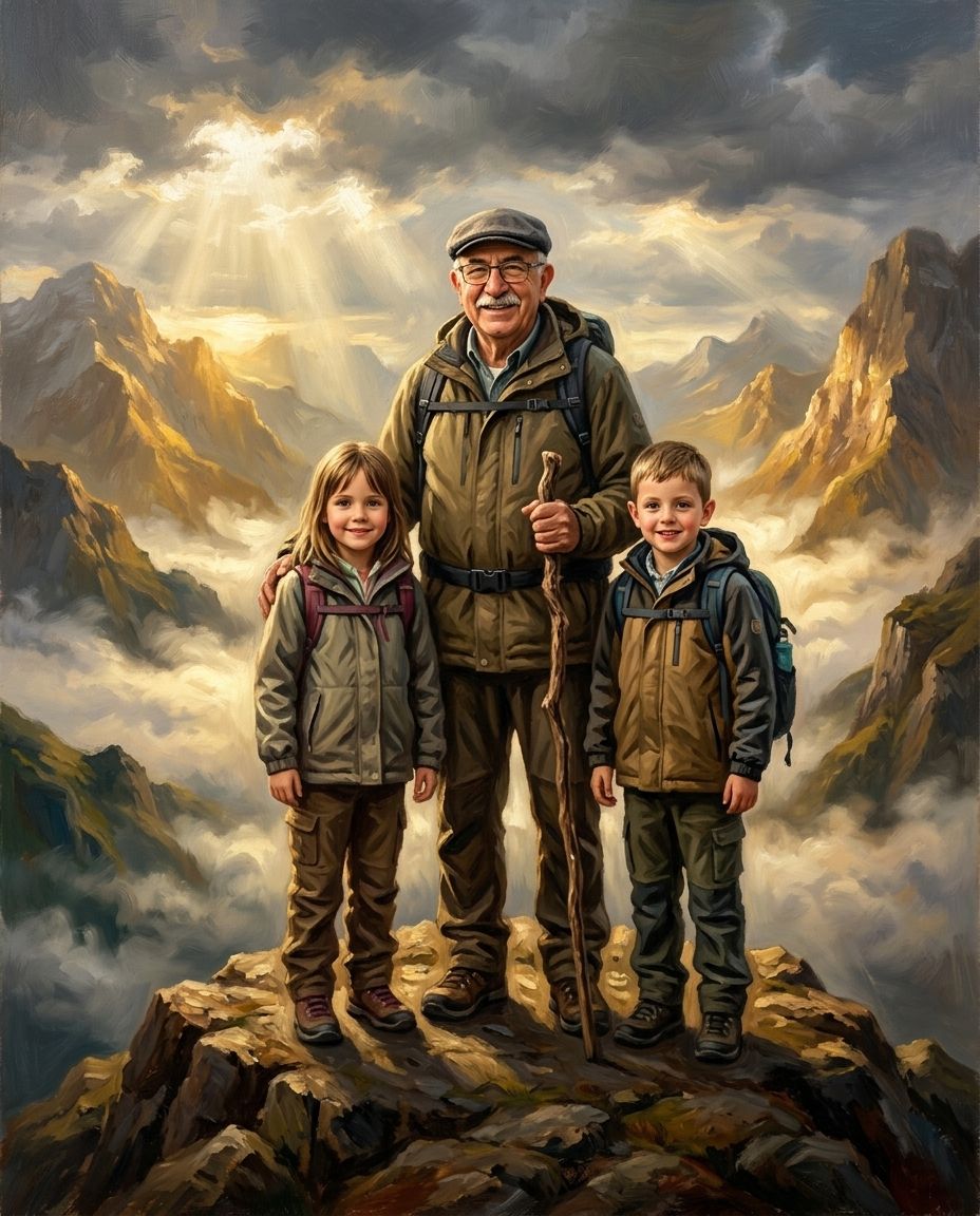 Mountain Explorer – Büyükbaba ve Torunlar kişiye özel portre tasarım örneği