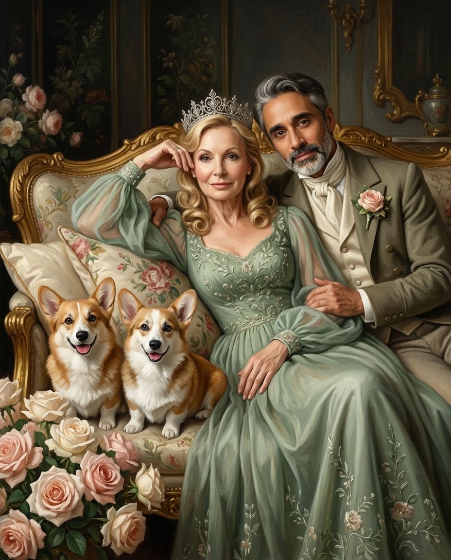 Royal Daydream – Çift ve Evcil Dostlar kişiye özel portre tasarım örneği