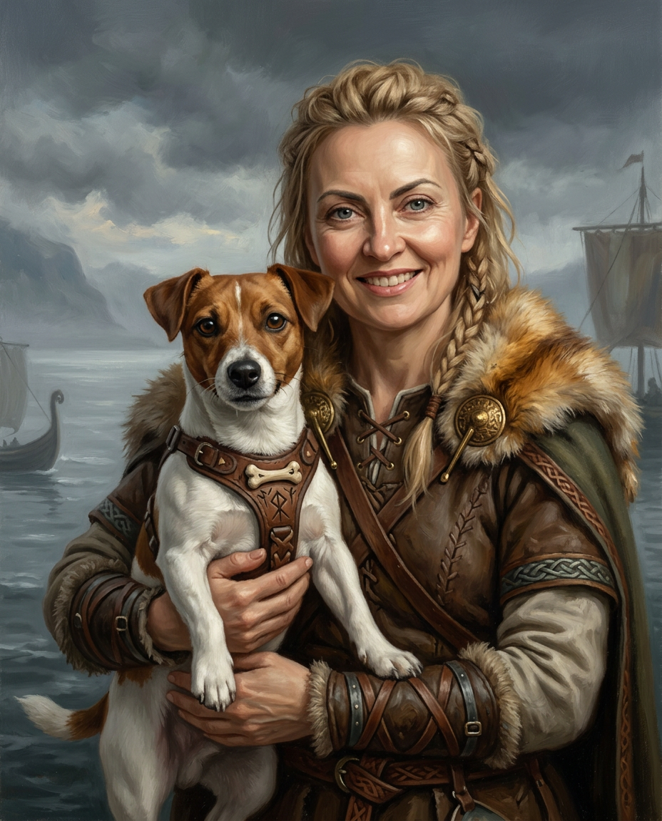 Viking – Kadın ve Evcil Dostlar kişiye özel portre tasarım örneği