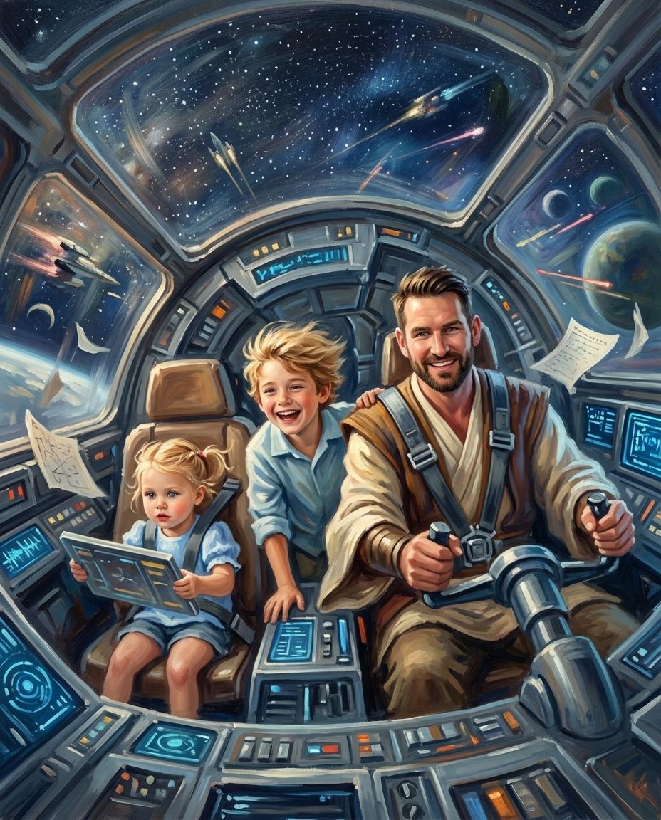 Galactic Guardian – Baba ve Çocuklar kişiye özel portre tasarım örneği