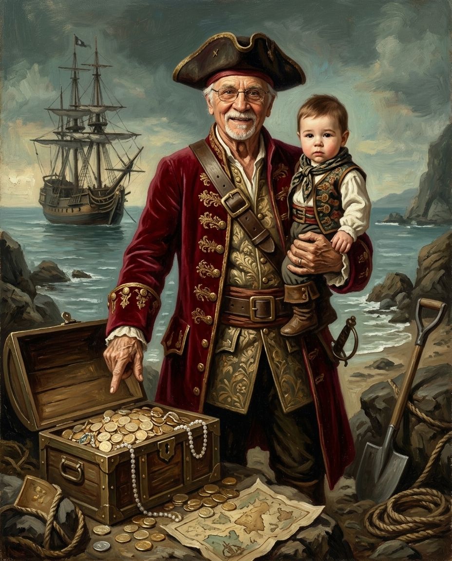 Treasure Seekers – Büyükbaba ve Torunlar kişiye özel portre tasarım örneği