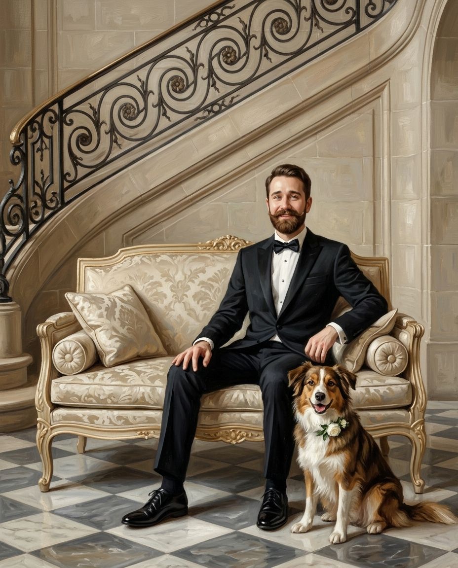 Marble & Lace – Erkek ve Evcil Dost kişiye özel portre tasarım örneği