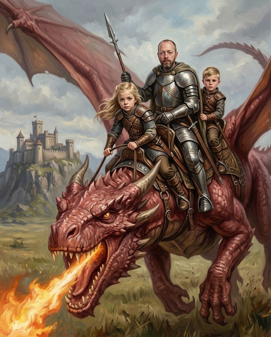 Dragon Rider – Baba ve Çocuklar kişiye özel portre tasarım örneği