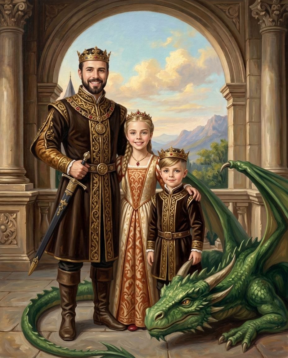 Fantasy Royalty – Baba ve Çocuklar kişiye özel portre tasarım örneği