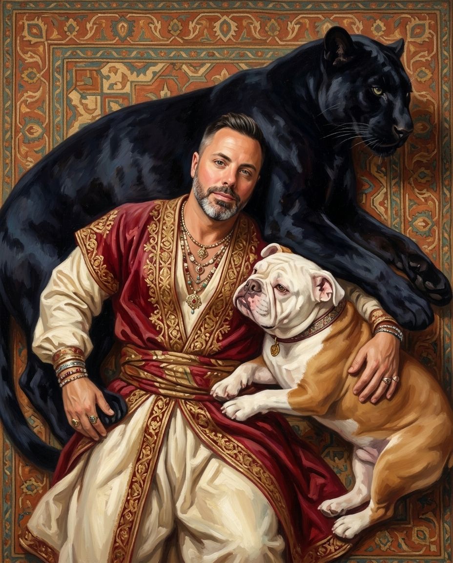 Persian Reverie – Erkek ve Evcil Dost kişiye özel portre tasarım örneği