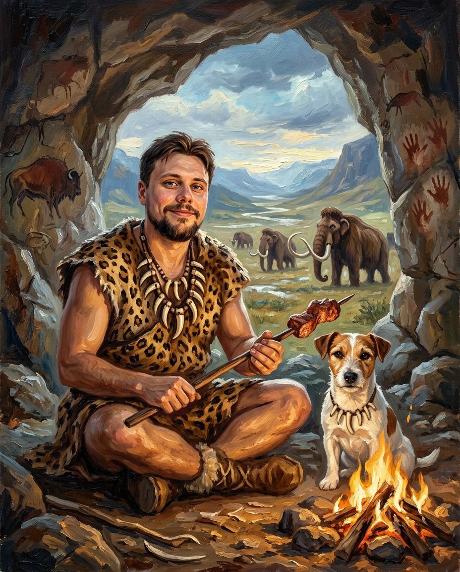 Cave Family – Erkek ve Evcil Dost kişiye özel portre tasarım örneği