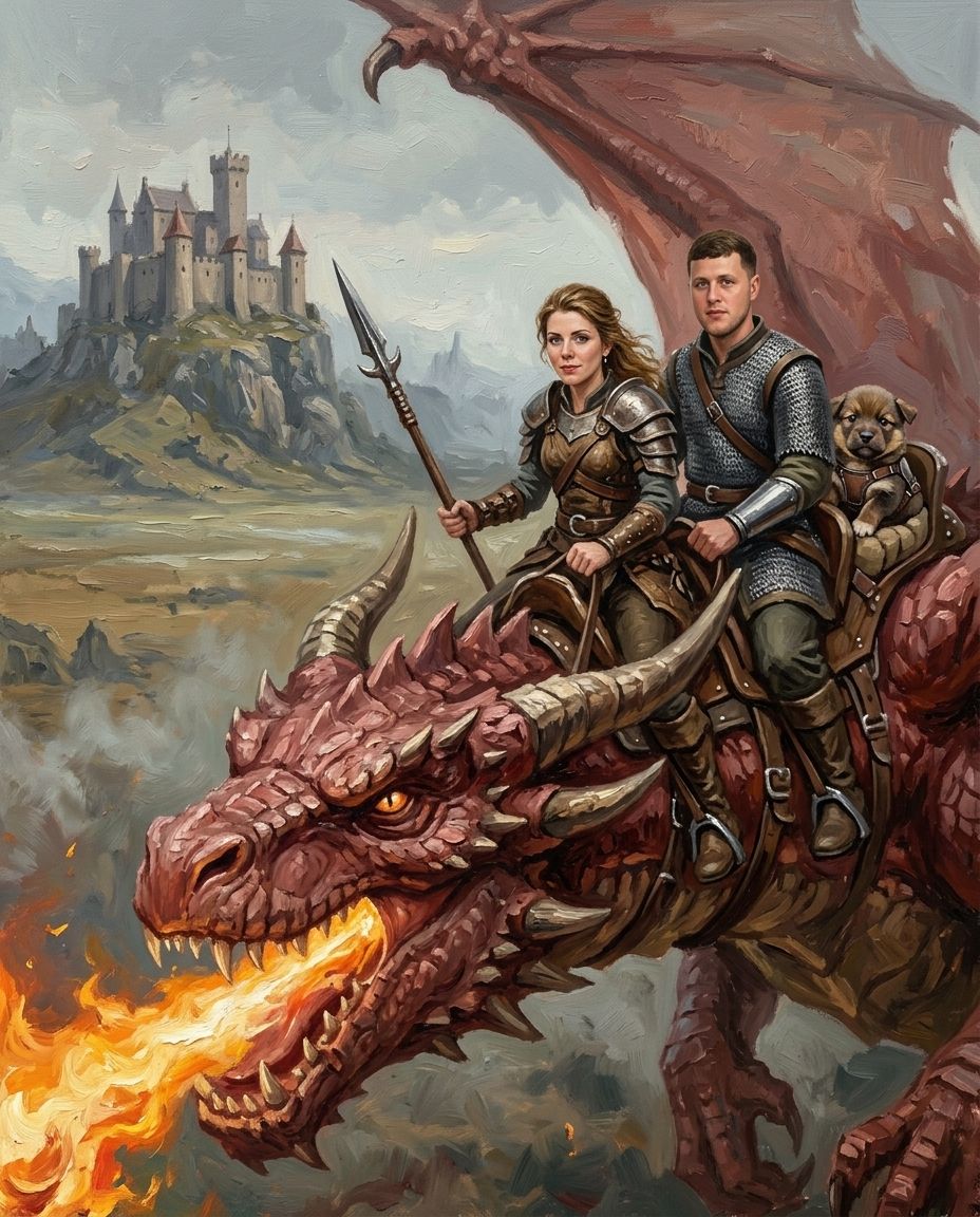 Dragon Rider – Çift ve Evcil Dostlar kişiye özel portre tasarım örneği