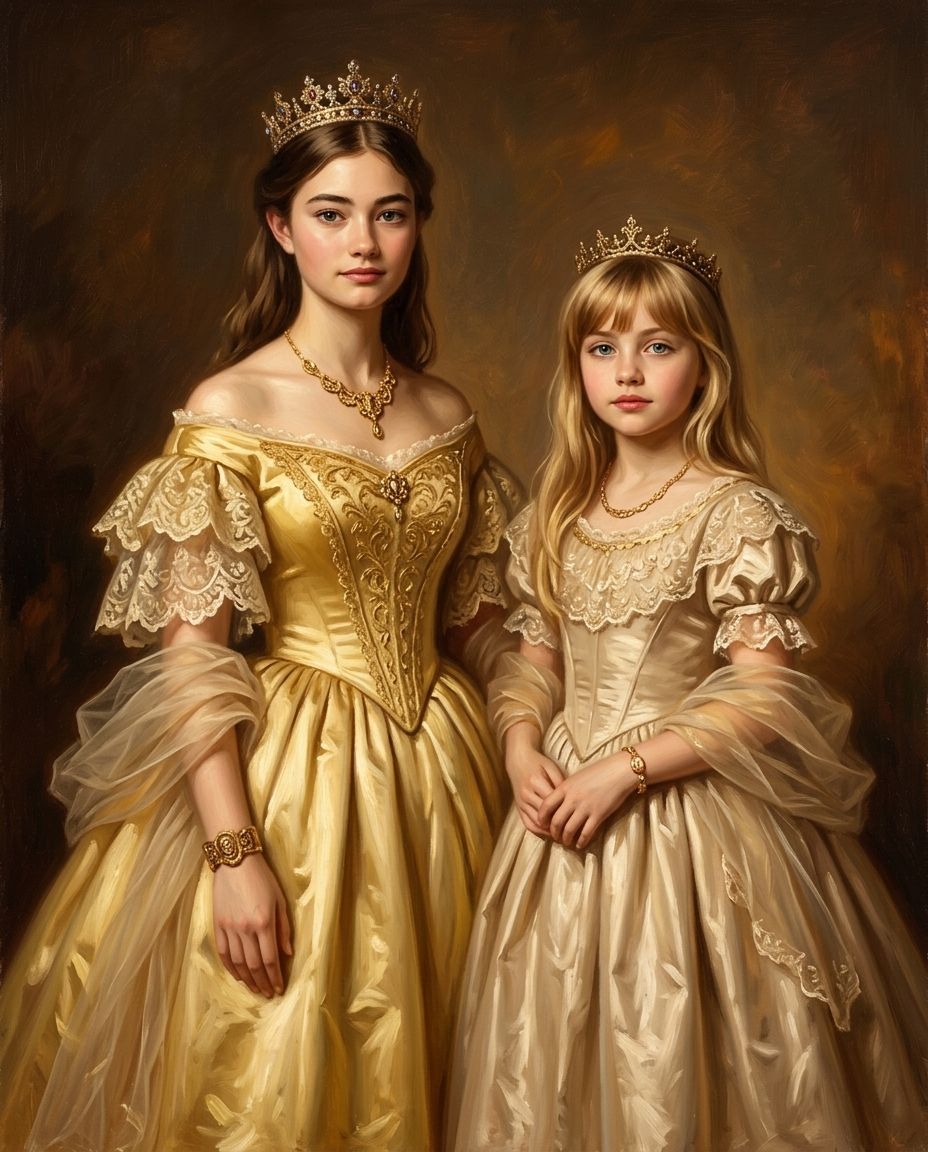 Royals in Gold – Kız Kardeşler kişiye özel portre tasarım örneği