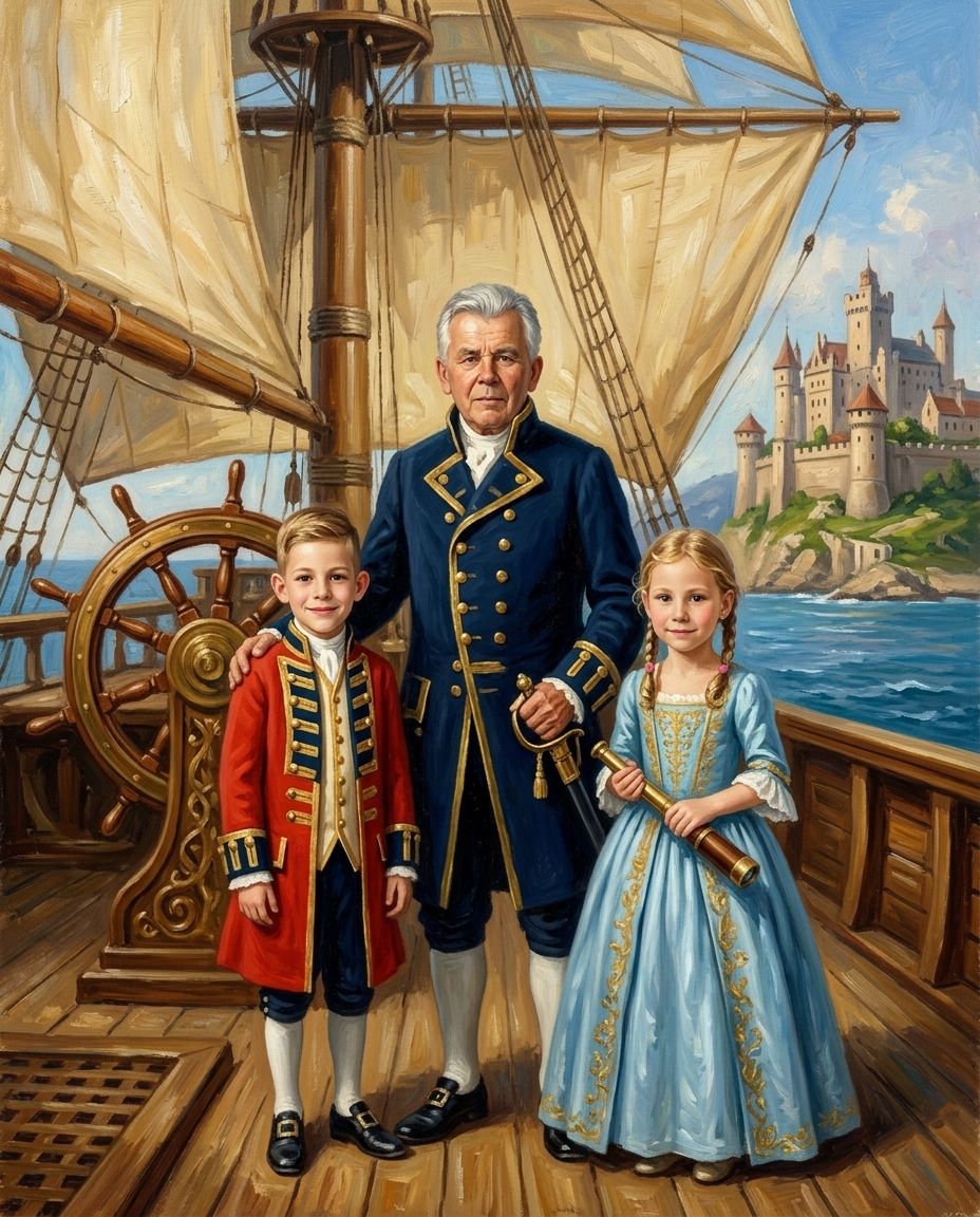 Royal Voyage – Büyükbaba ve Torunlar kişiye özel portre tasarım örneği