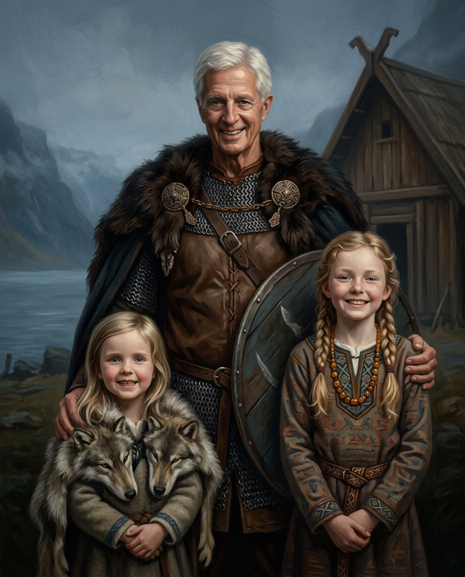 Viking – Büyükbaba ve Torunlar kişiye özel portre tasarım örneği