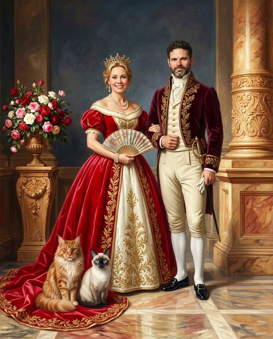 Royals of Roses – Çift ve Evcil Dostlar kişiye özel portre tasarım örneği