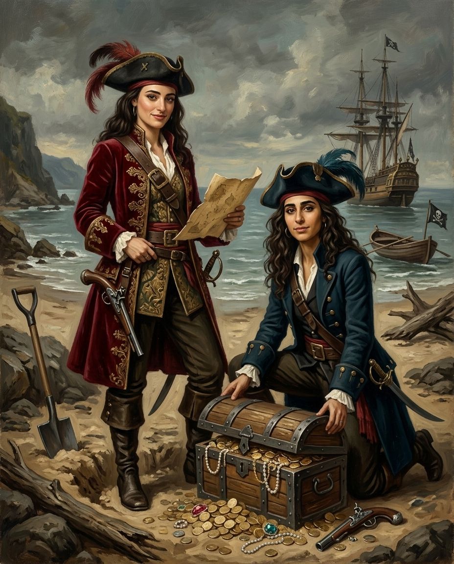 Treasure Seekers – Yetişkin Kız Kardeşler kişiye özel portre tasarım örneği