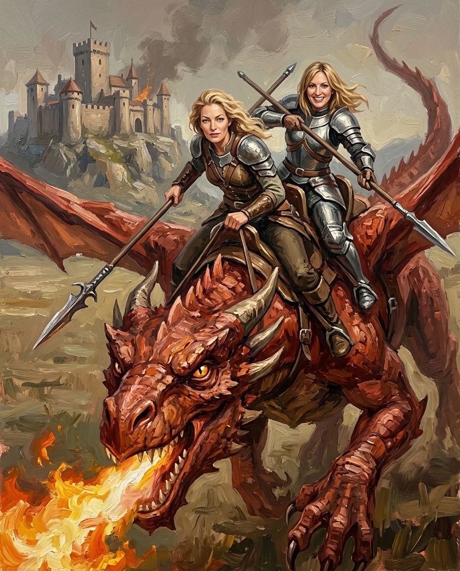 Dragon Rider – Yetişkin Kız Kardeşler kişiye özel portre tasarım örneği