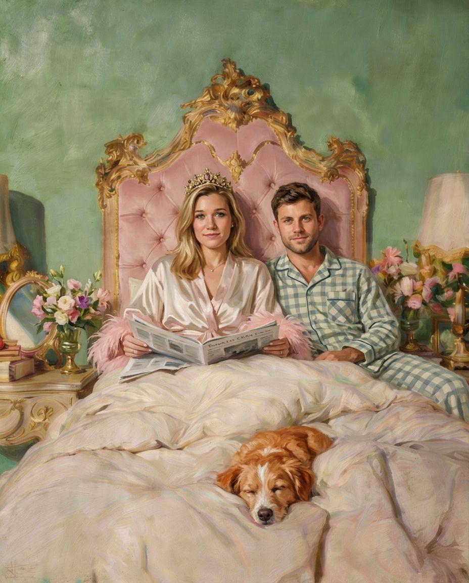 Morning Queen – Çift ve Evcil Dostlar kişiye özel portre tasarım örneği