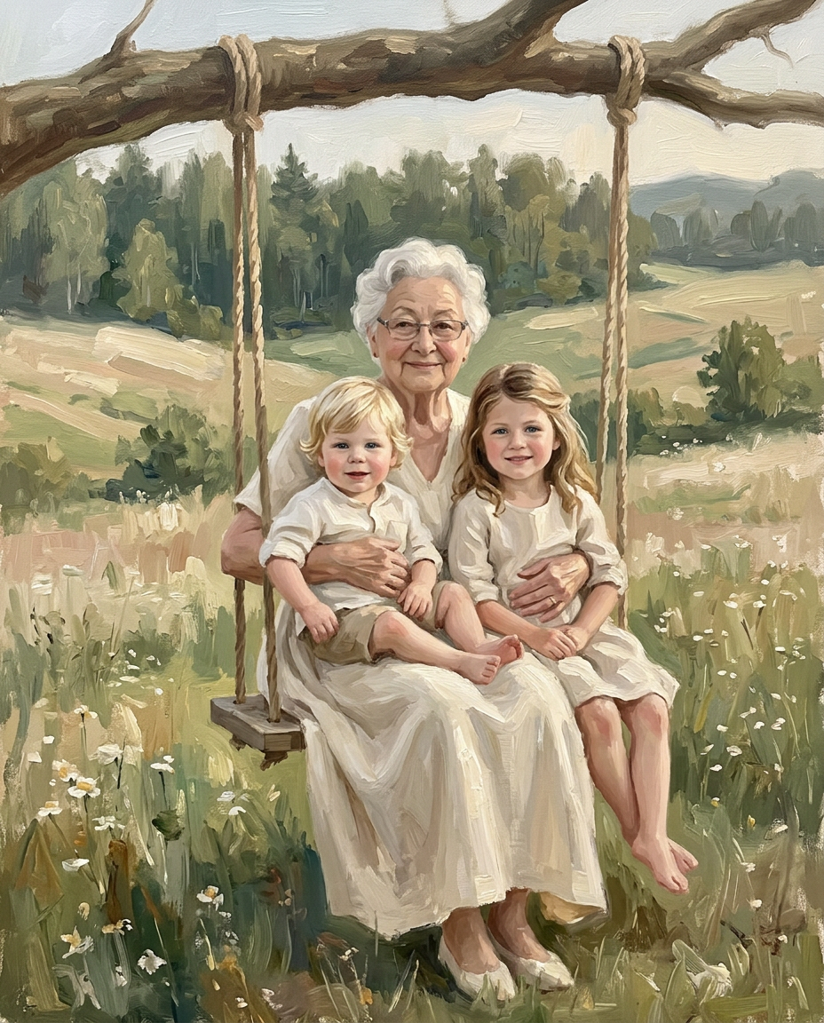 Memory Swing – Büyükanne ve Torunlar kişiye özel portre tasarım örneği