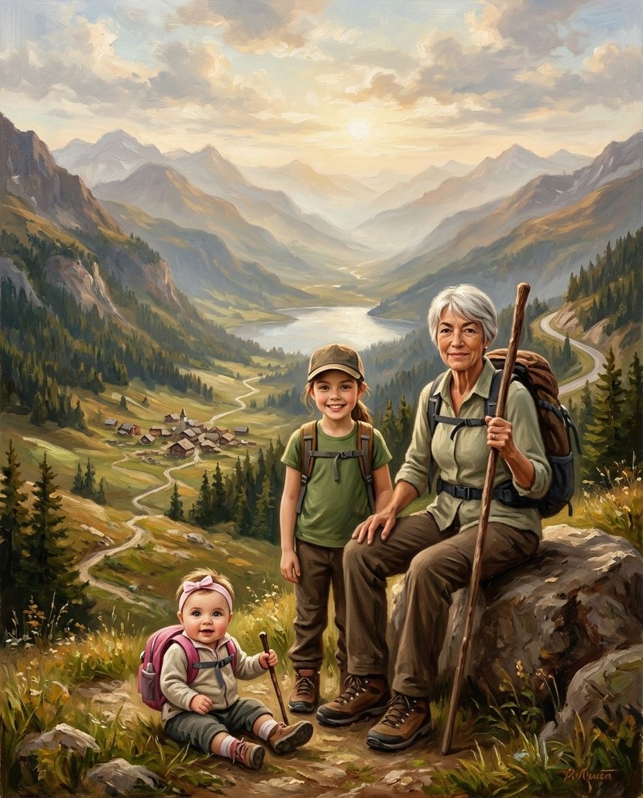 Mountain Explorer – Büyükanne ve Torunlar kişiye özel portre tasarım örneği
