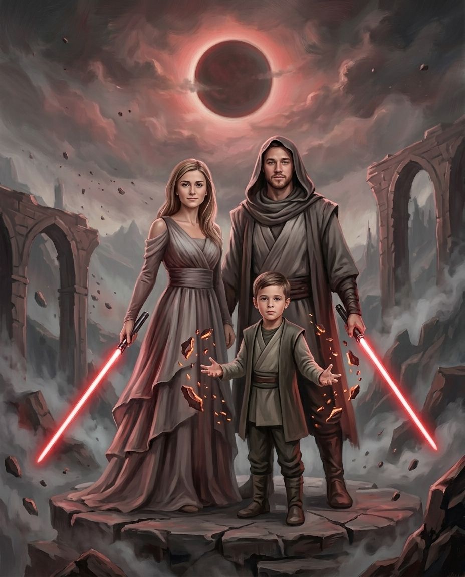 Crimson Ascension – Anne Baba ve Çocuk kişiye özel portre tasarım örneği