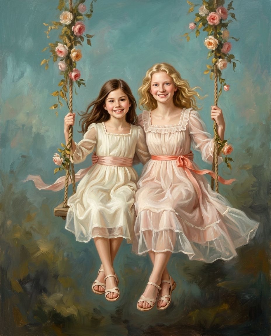 The Swing of Serenity – Kız Kardeşler kişiye özel portre tasarım örneği