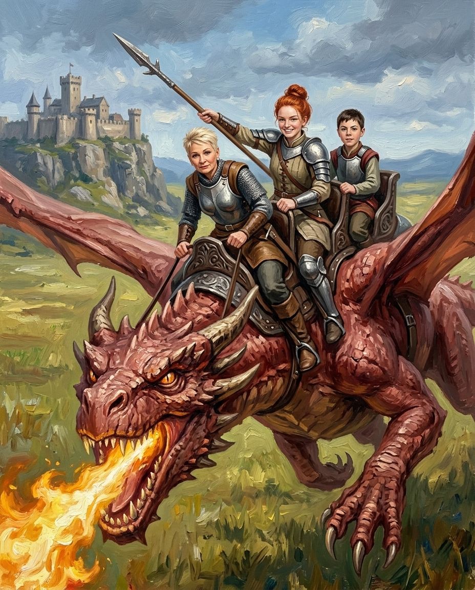Dragon Rider – Büyükanne ve Torunlar kişiye özel portre tasarım örneği