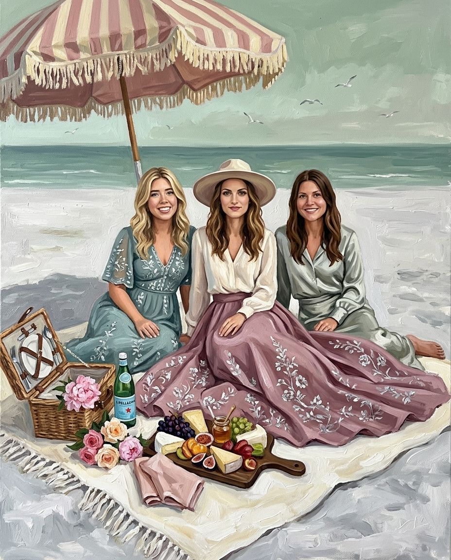Seaside Picnic – Yetişkin Kız Kardeşler kişiye özel portre tasarım örneği