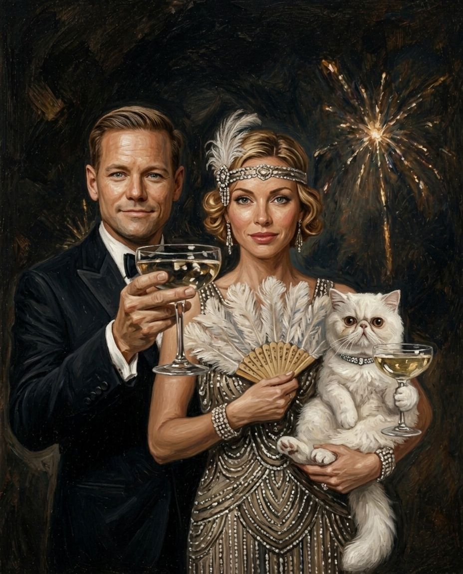 Old Money – Çift ve Evcil Dostlar kişiye özel portre tasarım örneği