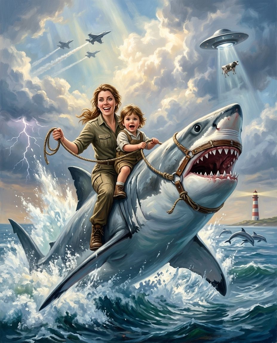 Shark Rider – Anne ve Çocuklar kişiye özel portre tasarım örneği