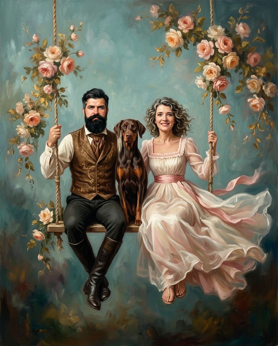 The Swing of Serenity – Çift ve Evcil Dostlar kişiye özel portre tasarım örneği