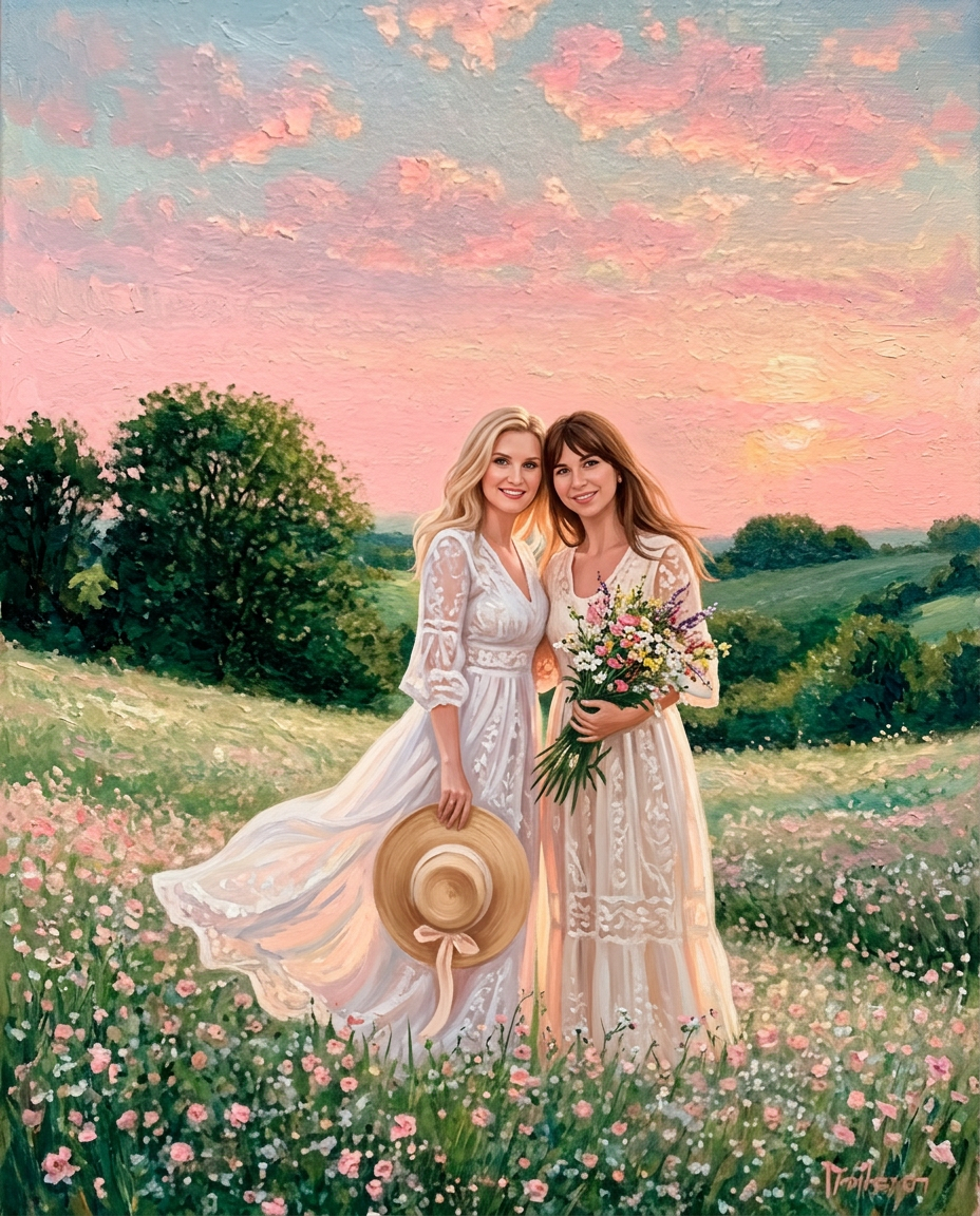 Blossom Grace – Yetişkin Kız Kardeşler kişiye özel portre tasarım örneği
