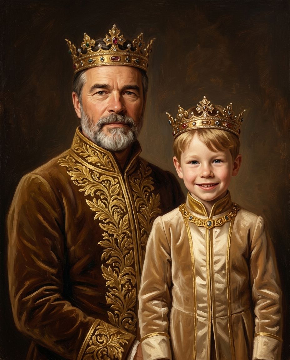 Royals in Gold – Büyükbaba ve Torunlar kişiye özel portre tasarım örneği