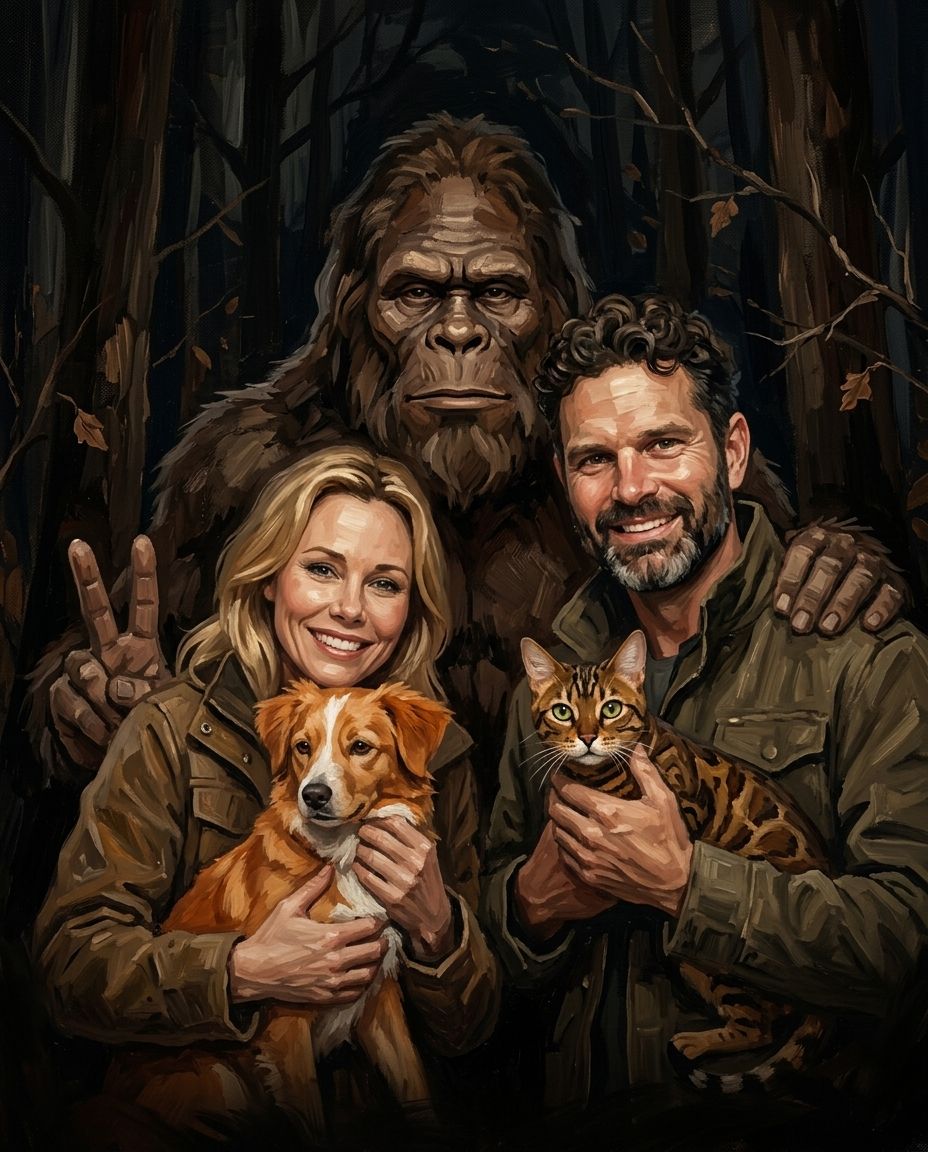 Sasquatch – Çift ve Evcil Dostlar kişiye özel portre tasarım örneği