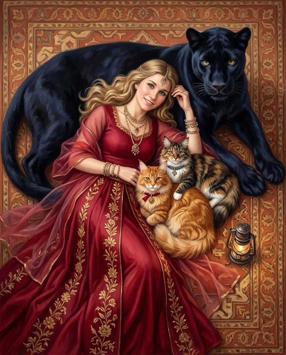 Persian Reverie – Kadın ve Evcil Dostlar kişiye özel portre tasarım örneği