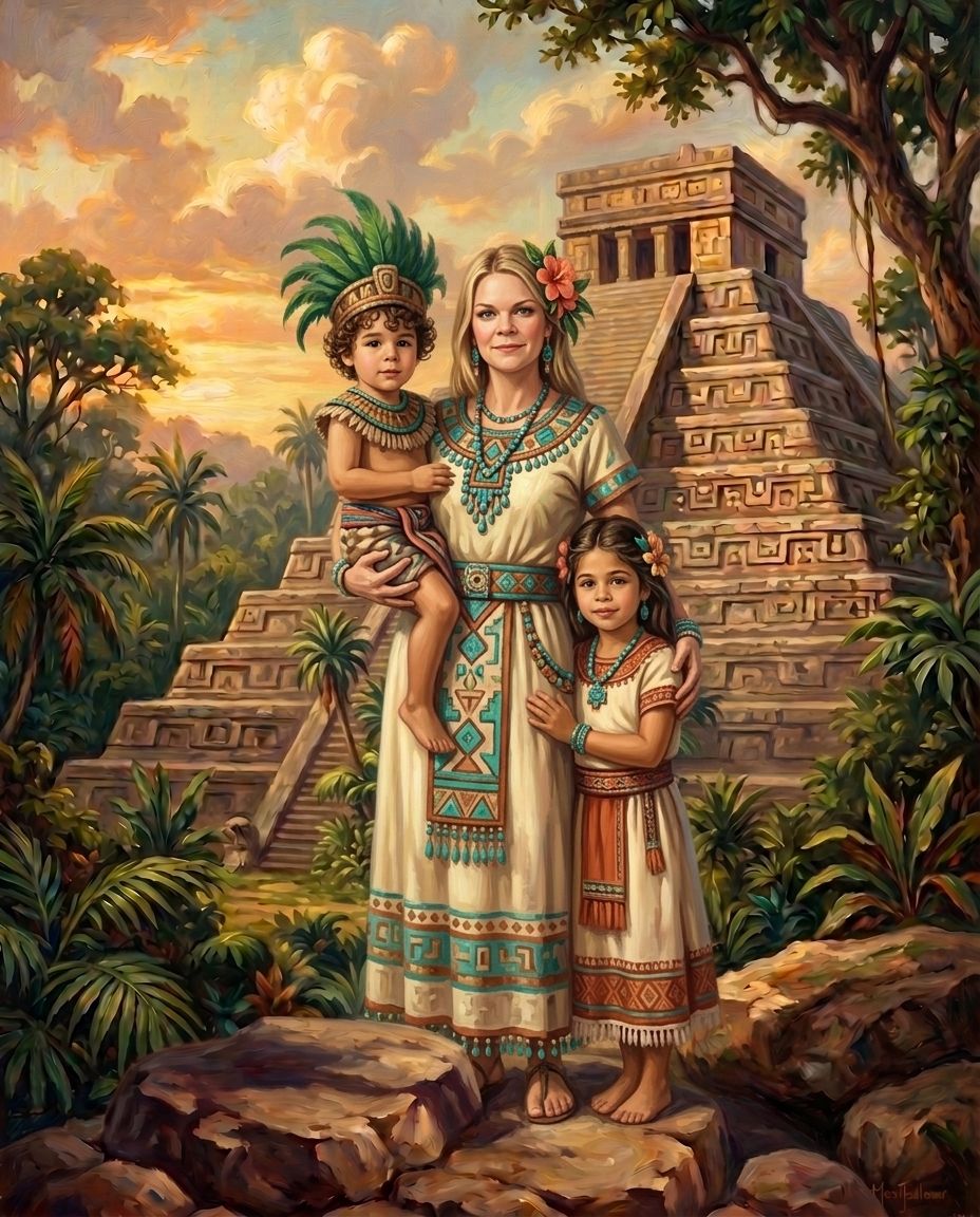 Aztecs – Anne ve Çocuklar kişiye özel portre tasarım örneği
