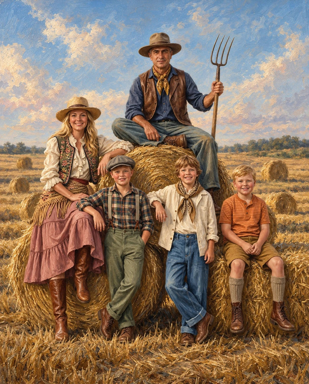 Golden Harvest – Anne Baba ve Çocuk kişiye özel portre tasarım örneği