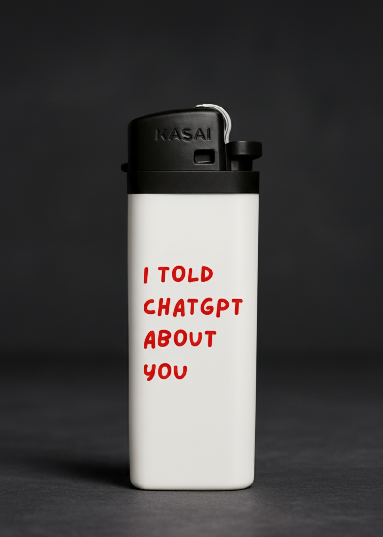 “I told ChatGPT about you” yazılı baskılı tasarım çakmak – hediyelik çakmak modeli