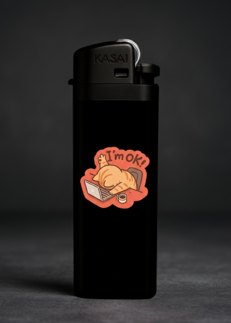 Kedili “I’m OK” yazılı sloganlı tasarım çakmak – hediyelik baskılı model
