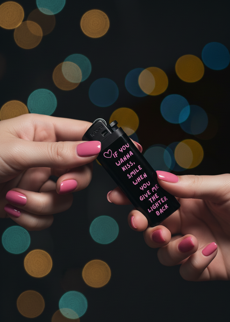 Elinde tutulan siyah çakmak üzerinde pembe el yazısı fontuyla “If you wanna kiss, smile when you give me the lighter back” yazan tasarım çakmak.
