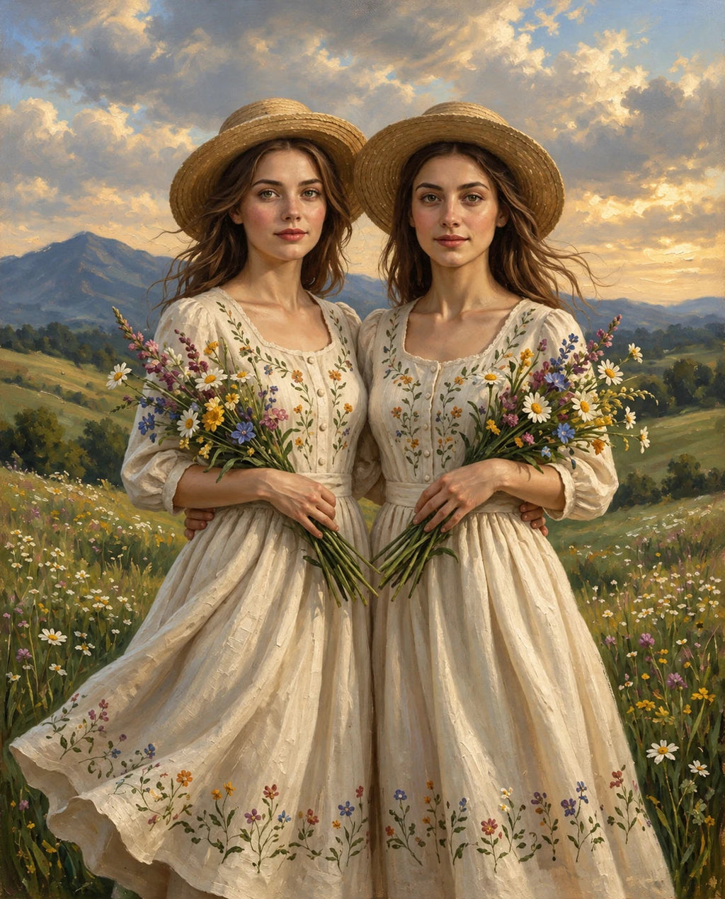 Meadow Muse – Yetişkin Kız Kardeşler kişiye özel portre tasarım örneği