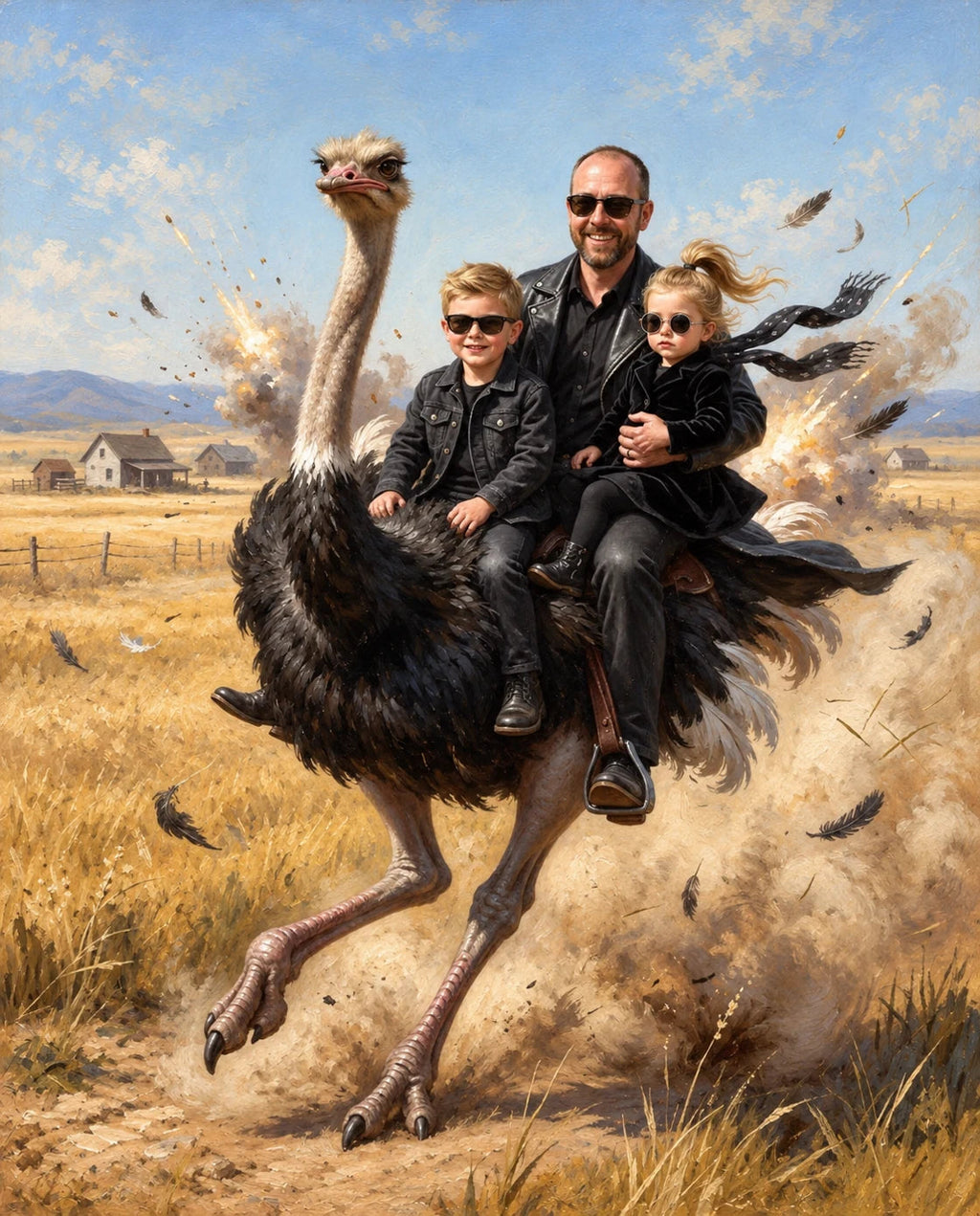 Ostrich Outlaw – Baba ve Çocuklar kişiye özel portre tasarım örneği