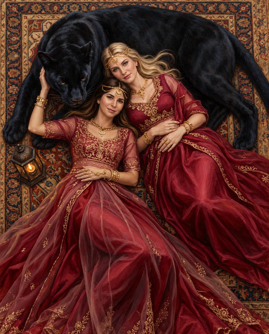 Persian Reverie – Yetişkin Kız Kardeşler kişiye özel portre tasarım örneği