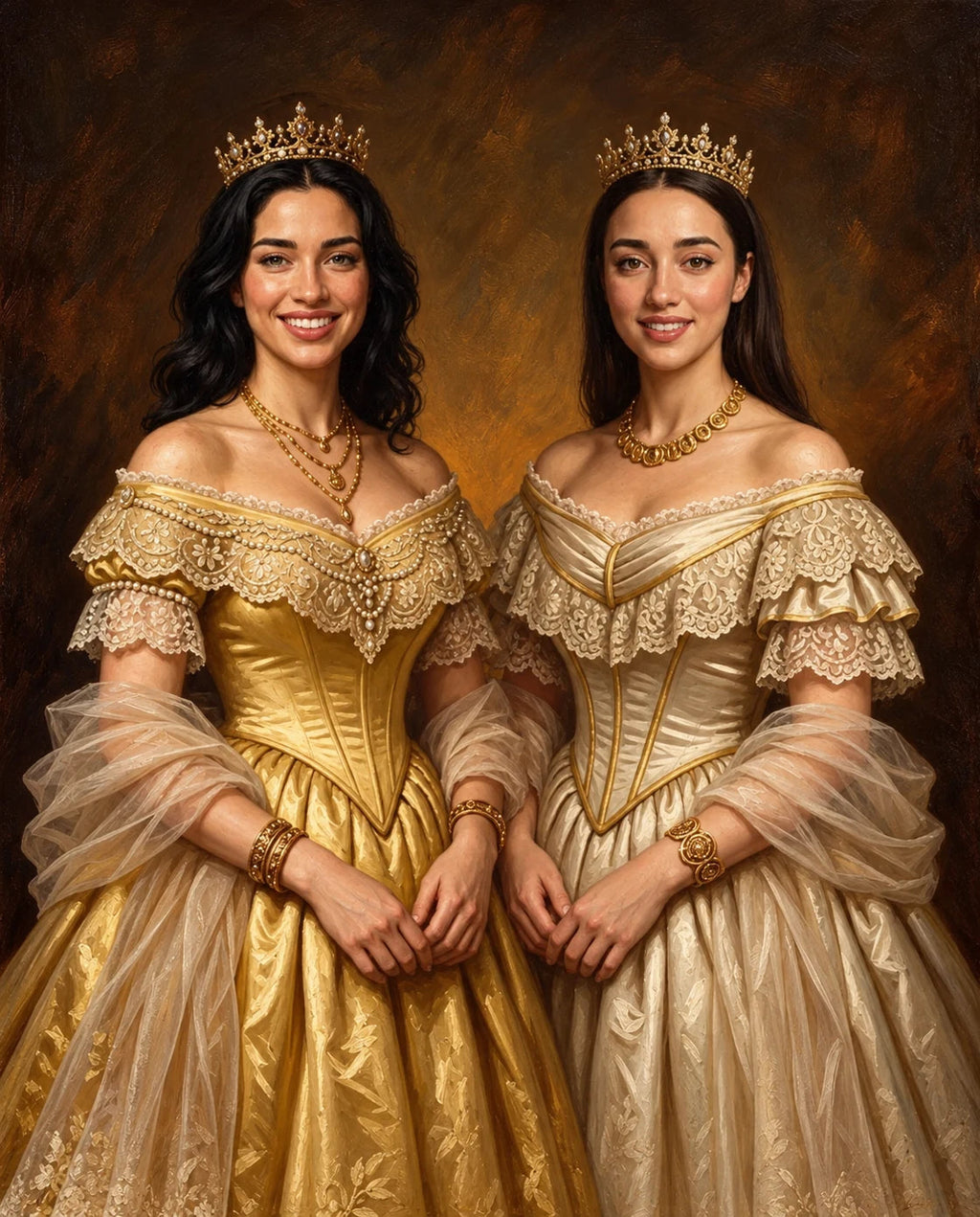 Royals in Gold – Yetişkin Kız Kardeşler kişiye özel portre tasarım örneği
