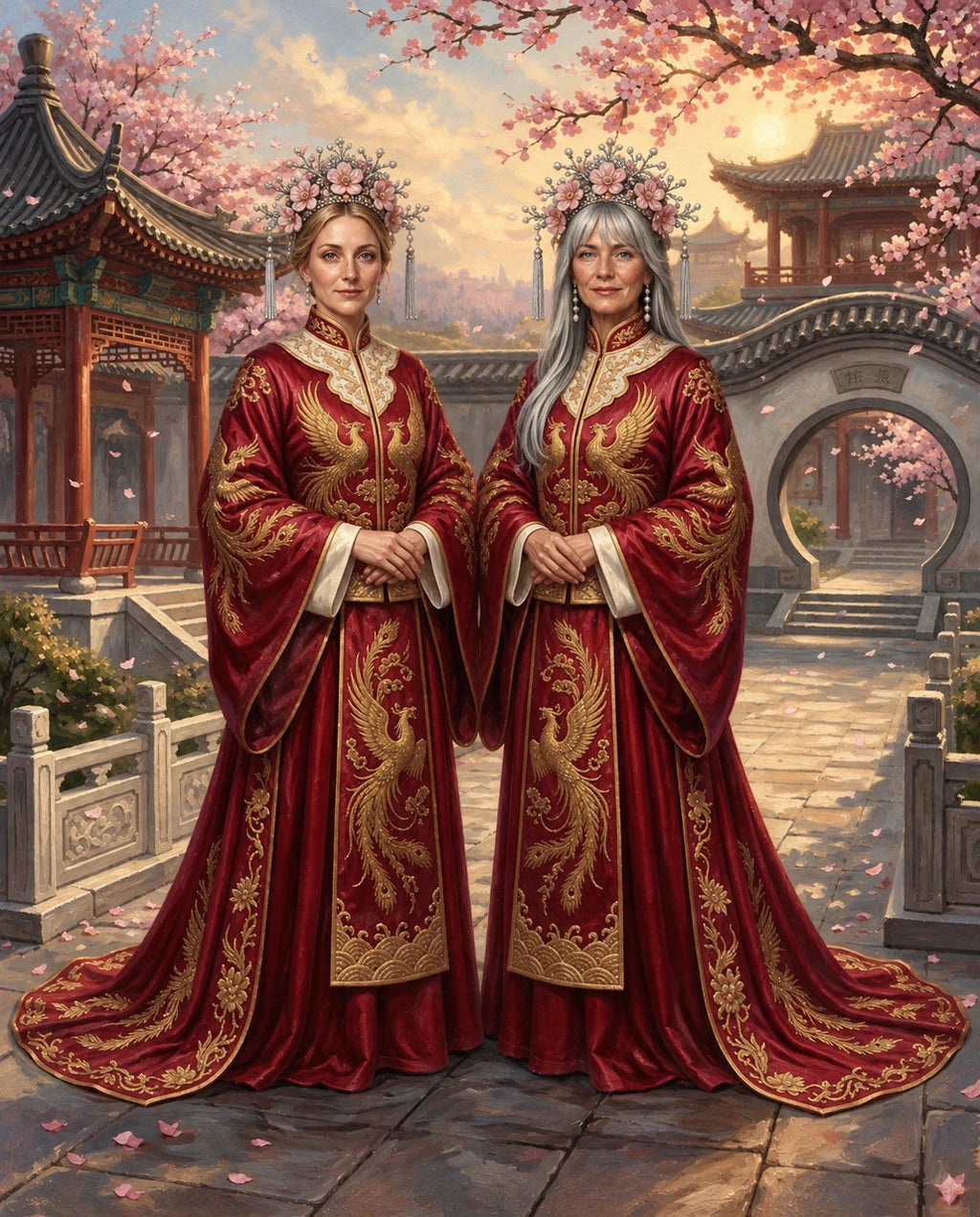 Silk Harmony – Yetişkin Kız Kardeşler kişiye özel portre tasarım örneği