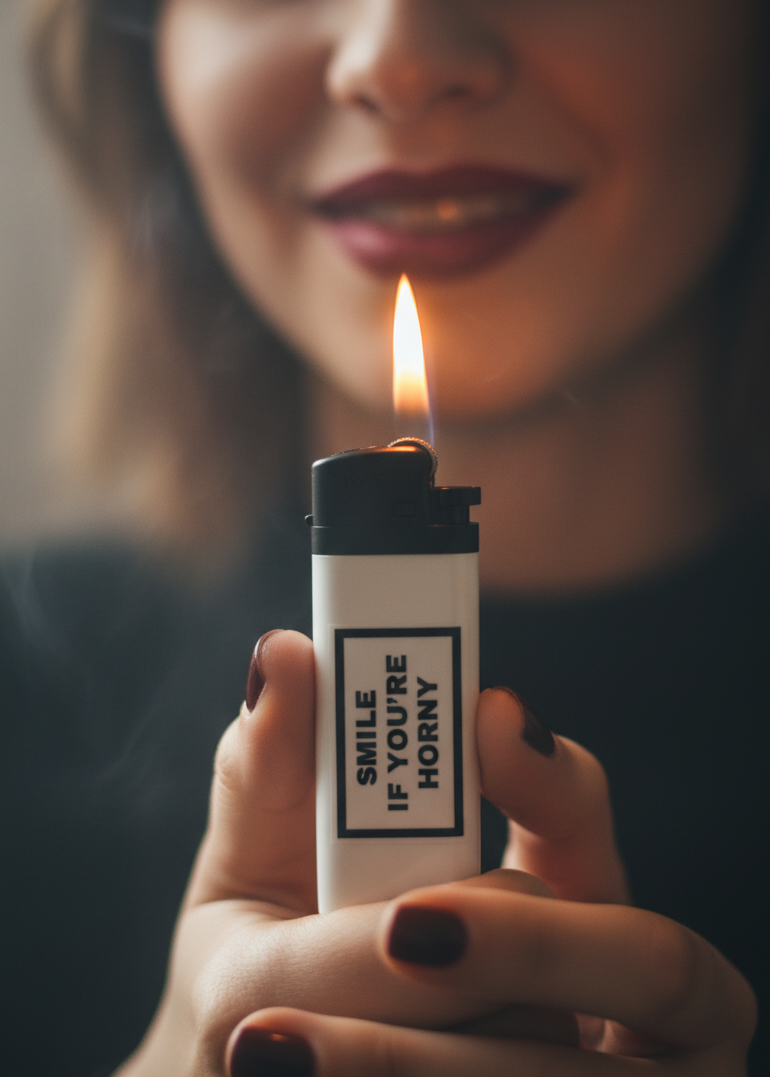 Flört temalı “Smile if you are horny” baskılı sloganlı çakmak – değişik çakmak çeşitleri
