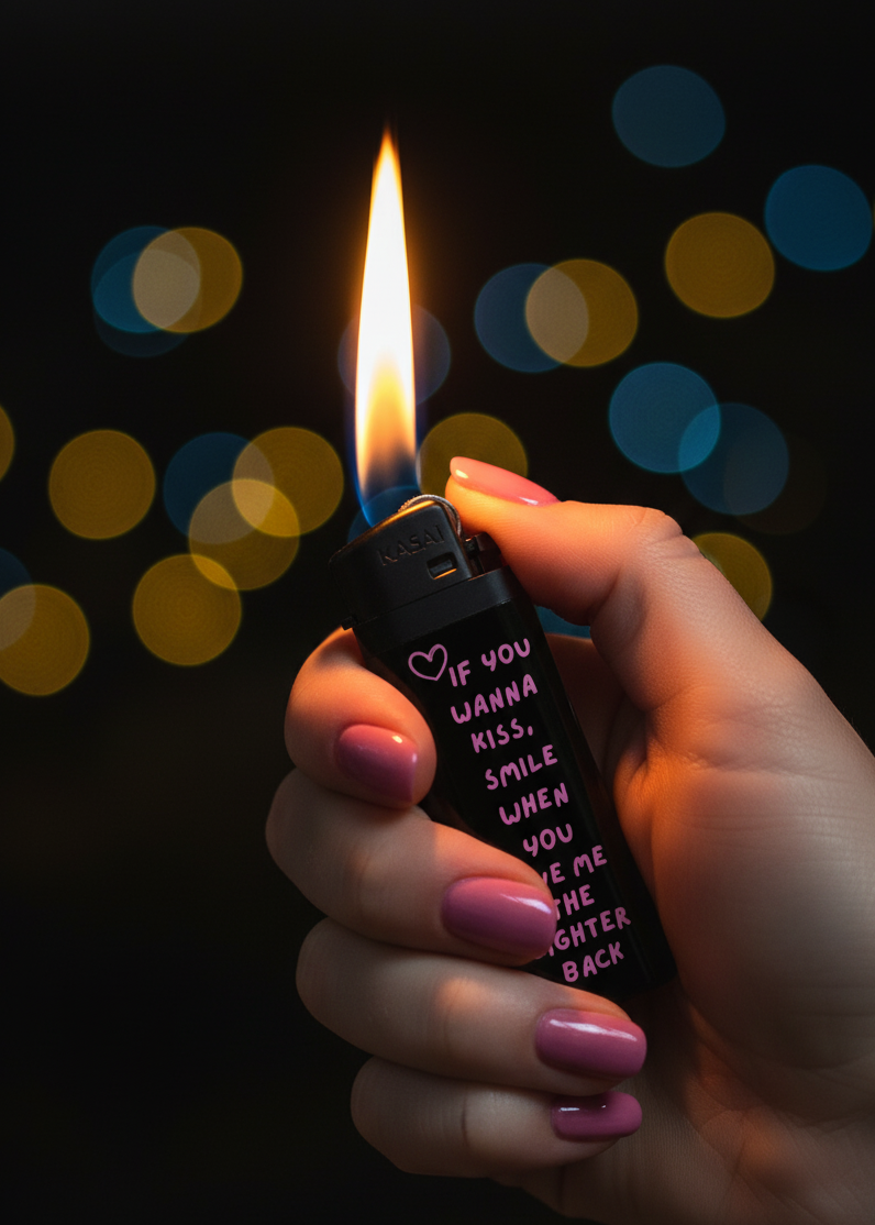 Siyah arka planlı pembe kalpli ve pembe el yazısı tasarımlı mesaj içeren özel üretim çakmak; yanarken çekilmiş fotoğraf.