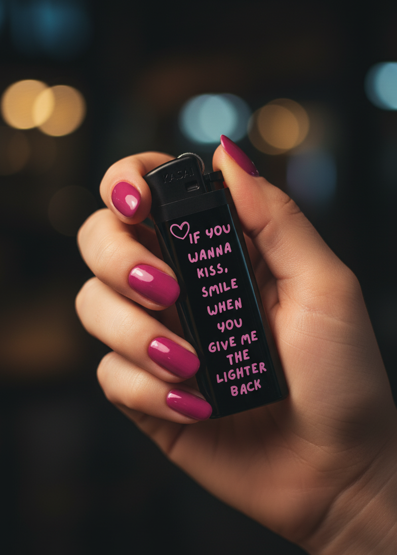 Siyah arka planlı pembe kalpli ve pembe el yazısı tasarımlı mesaj içeren özel üretim çakmak; ürün odaklı fotoğraf.
