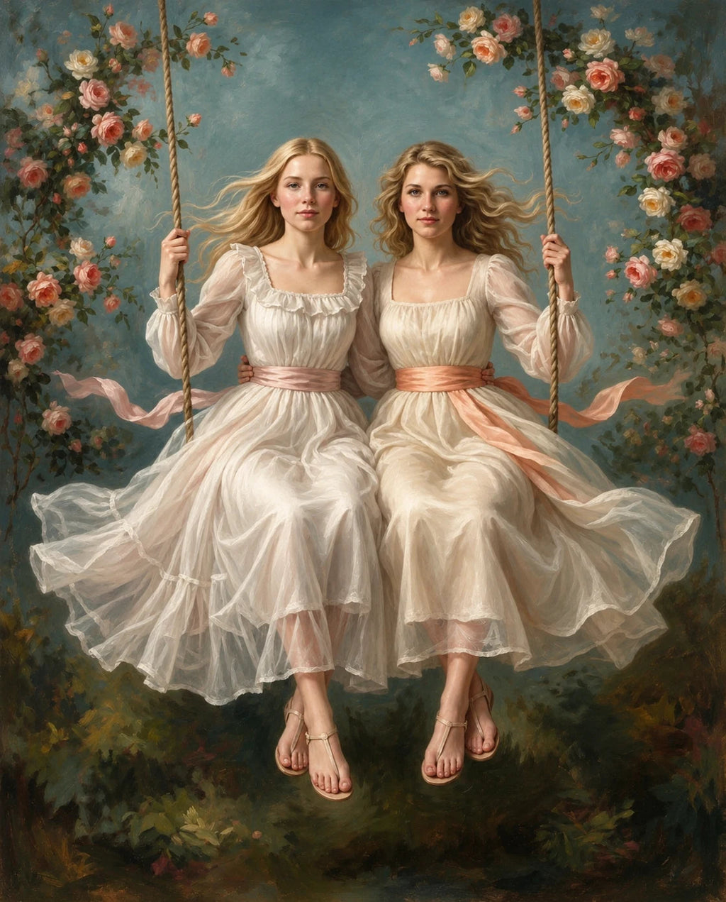 The Swing of Serenity – Yetişkin Kız Kardeşler kişiye özel portre tasarım örneği