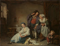 Jean-Baptiste Greuze’ün Kırık Yumurtalar (1756) eserinin tamamı: yerde oturan genç kadın, yaşlı kadın, genç adam ve kırık yumurtayı tutan çocuk.